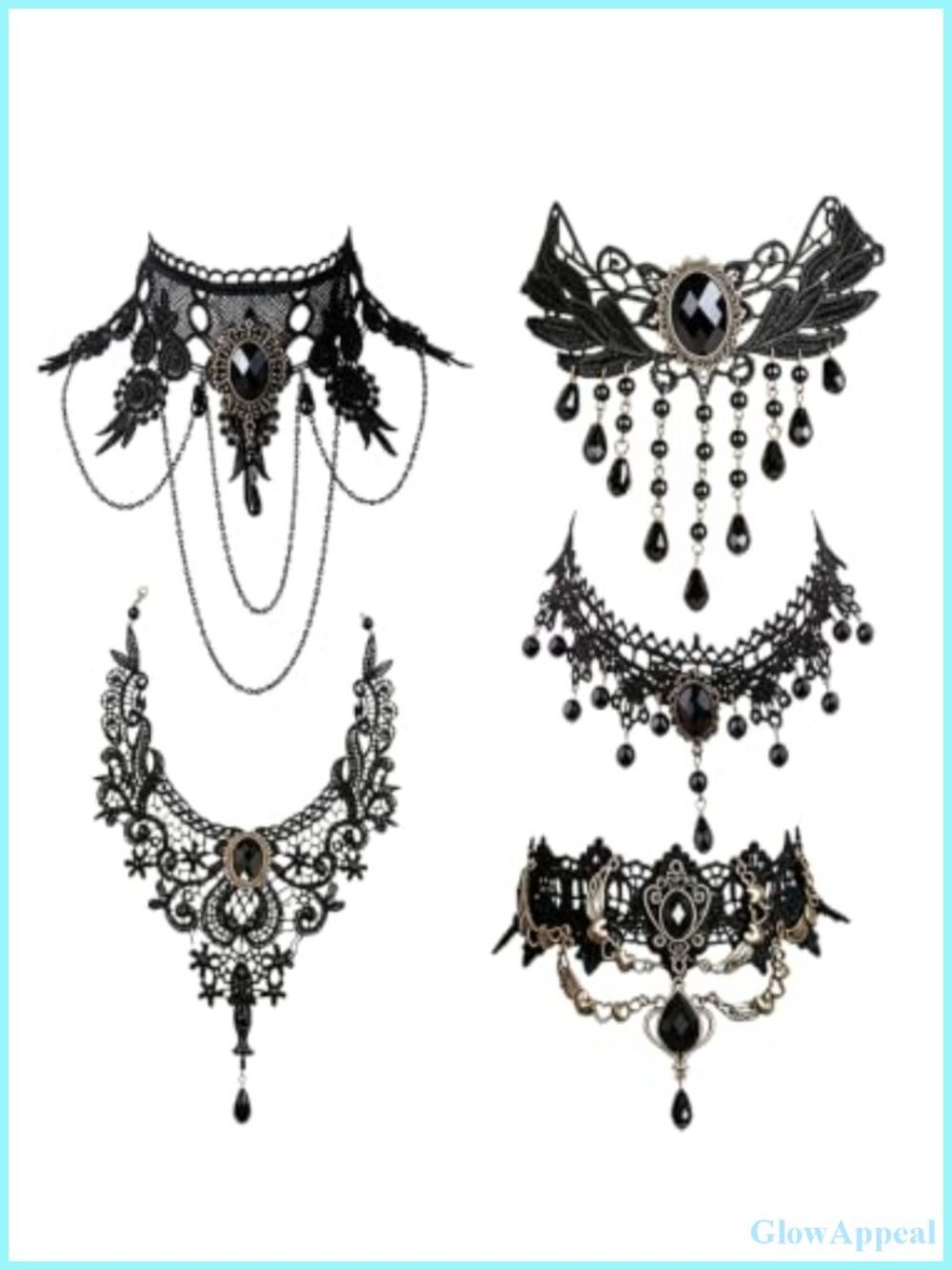 Lace Choker Necklace Set 5pc Gothic Black Velvet Ribbon Halloween Costume